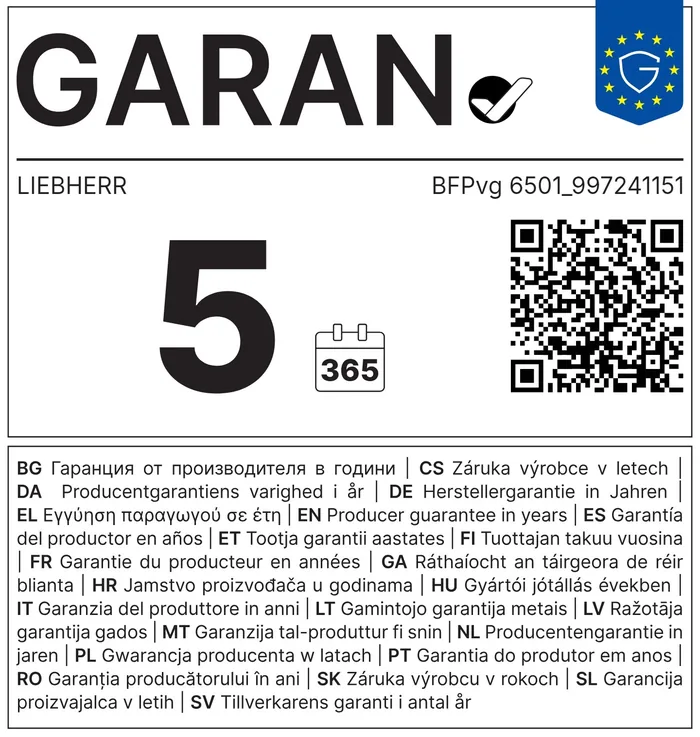 5 év gyártói tartóssági garancia (EU GARAN címke) 5 év gyártói tartóssági garancia (EU GARAN címke)