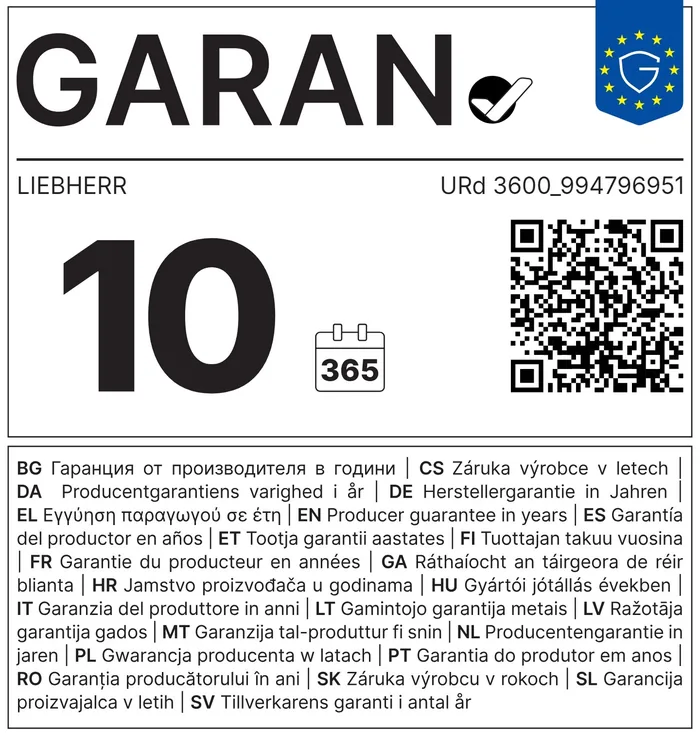 10 év gyártói tartóssági garancia (EU GARAN címke) 10 év gyártói tartóssági garancia (EU GARAN címke)